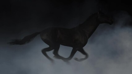 Dark Horse Running in Smoke Background 4K Loop features a dark horse running with smoke blowing in front and behind against a black atmosphere in a loop.