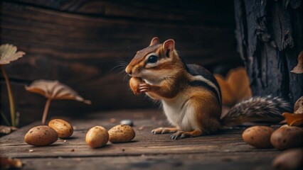 Chipmunk and mushrooms, nature&rsquo;s whimsical scene.