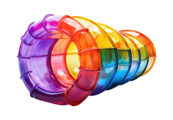 Colorful water park slides with glossy finish in bright shades of blue, yellow, red, orange, and green, exciting playground activity isolated on transparent background