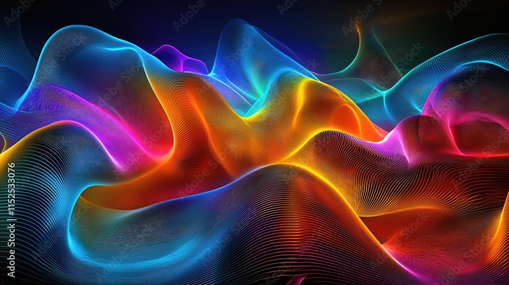 Poster vibrant abstract wave patterns with glowing neon colors and flowing light effects