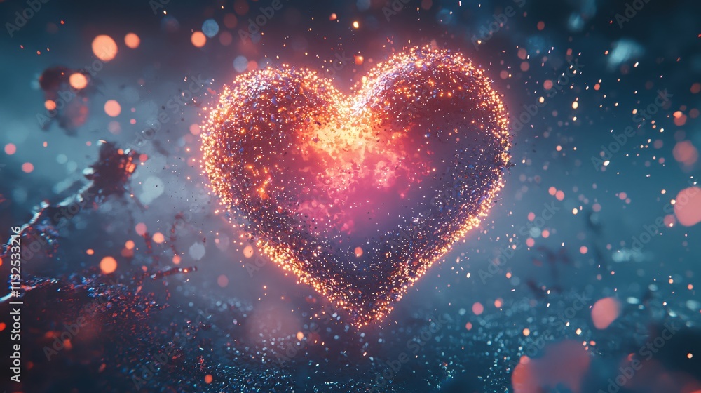 Poster glowing heart shape with sparkling particles in a vibrant atmosphere