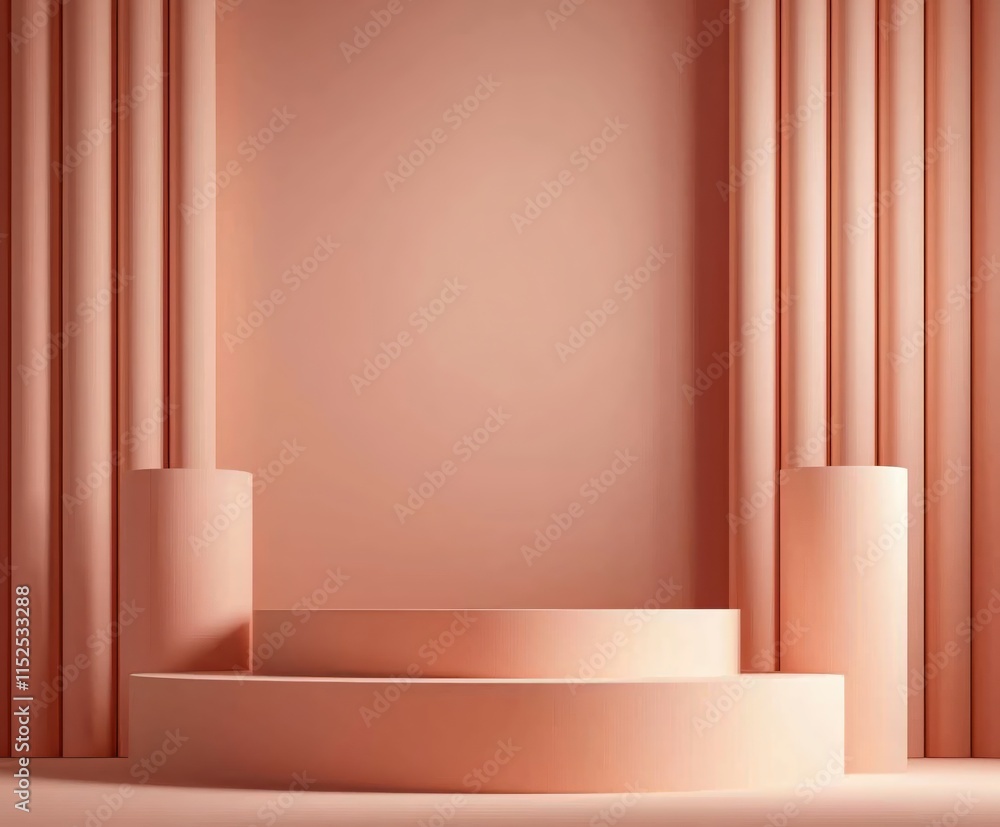 Poster minimalist peach background with geometric shapes and vertical pillars in soft light