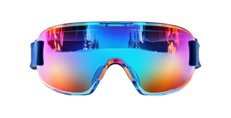 Ski goggles with reflective rainbow lenses in vibrant orange, blue, and pink hues, protective eyewear for skiing and snowboarding, stylish winter gear isolated on transparent background