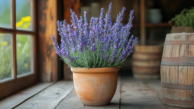 Lavender plant in terracotta pot on rustic wooden surface near window.