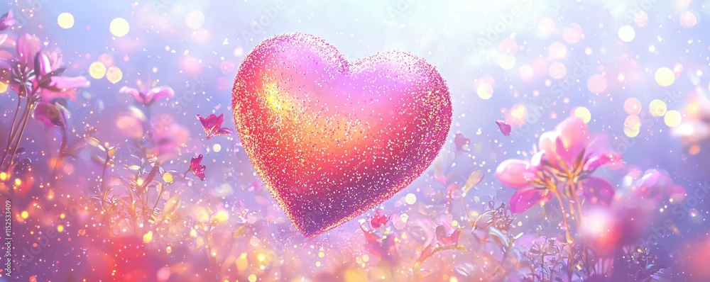 Poster sparkling heart symbol surrounded by colorful flowers and soft bokeh lights