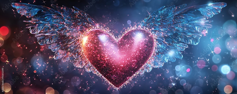 Poster heart with sparkling wings and bokeh background in romantic color palette