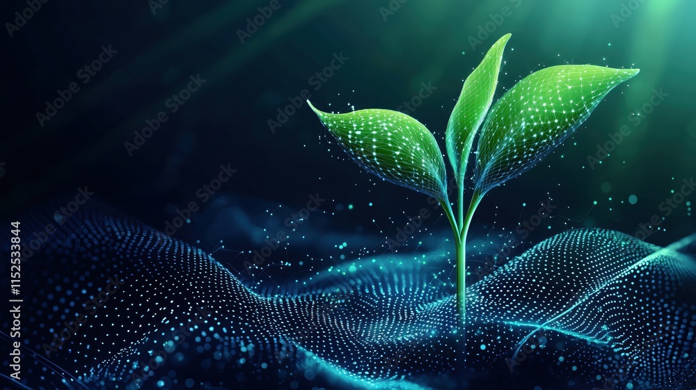 Poster green plant growth in a digital environment with light rays and particle effect