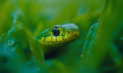 Fototapeta premium Close-up of a vibrant green snake hidden in lush greenery.