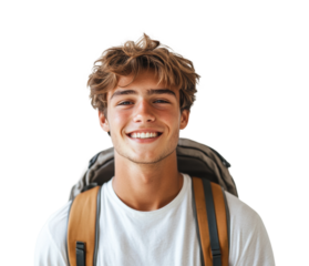 Smiling teenage boy with backpack, cheerful student portrait for education, travel, or youth adventure themes isolated on transparent background