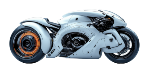 Futuristic motorcycle design showcasing advanced technology and sleek aesthetics in a minimalist environment. Isolated on transparent background, png.