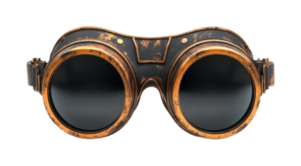 Vintage steampunk goggles with brass frame, blue glass lenses, retro industrial design accessory, antique Victorian-inspired eyewear, unique realistic 3D render isolated on transparent background