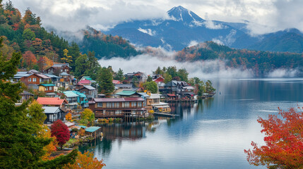 Fototapeta premium A vibrant autumn scene at Lake Kawaguchiko with colorful red leaves, morning fog, and the majestic Mount Fuji in the background, symbolizing tranquility, change, and natural beauty in Japan