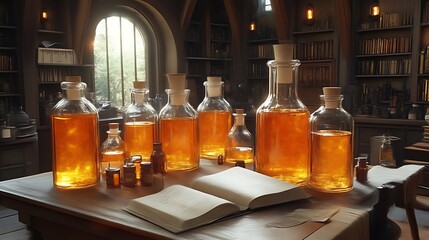 Alchemists Study Illuminated by Golden Potions and Books