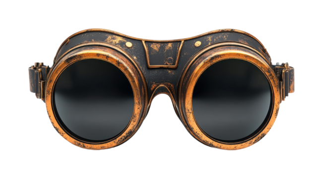 Vintage steampunk goggles with brass frame, blue glass lenses, retro industrial design accessory, antique Victorian-inspired eyewear, unique realistic 3D render isolated on transparent background - Powered by Adobe