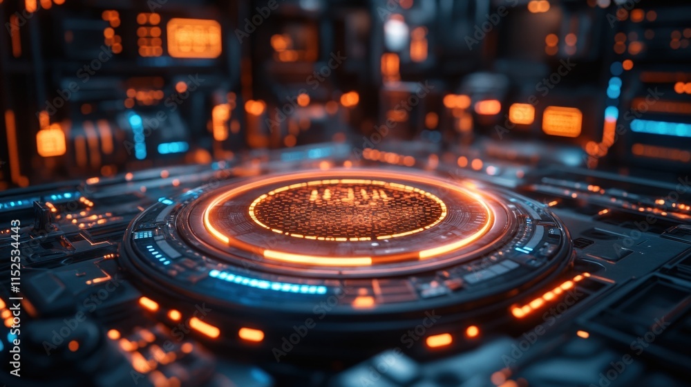 Poster futuristic interface with glowing circular display.
