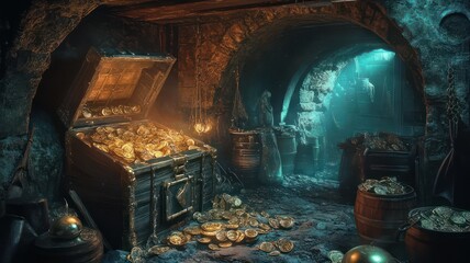 Wooden treasure chest full of gold coins