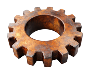 Rusty metal gear with aged industrial design, weathered mechanical cogwheel for vintage machinery and steampunk concepts isolated on transparent background