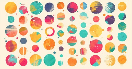 Whimsical abstract pattern with colorful polka dots in pastel shades of green, blue-gray, pink, mint, and yellow on a white background. Playful design perfect for children's wallpaper or fabric prints