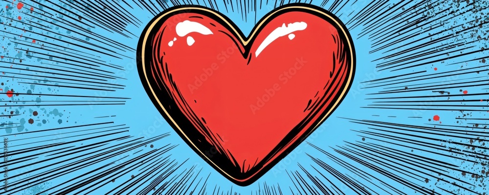 Poster Vibrant Red Heart with Dynamic Blue Background and Radiating Lines in Pop Art Style