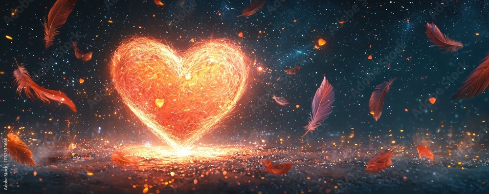 Poster Enchanting glowing heart shape with feathers floating in a starry night background