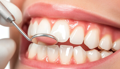 A close-up of a dental checkup, showcasing healthy teeth and gums, with a dentist's tool for examination.
