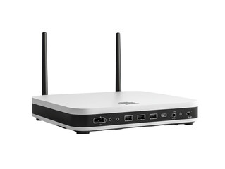 Modern wireless Wi-Fi router with sleek silver design, dual antennas, glowing indicator lights, fast internet connection, and advanced technology for home networking isolated on transparent background