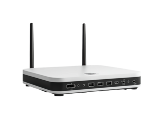 Modern wireless Wi-Fi router with sleek silver design, dual antennas, glowing indicator lights, fast internet connection, and advanced technology for home networking isolated on transparent background