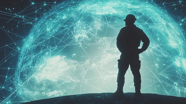 Silhouette of Soldier Against Abstract Digital Globe and Technology Background