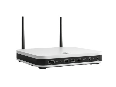 Modern wireless Wi-Fi router with sleek silver design, dual antennas, glowing indicator lights, fast internet connection, and advanced technology for home networking isolated on transparent background