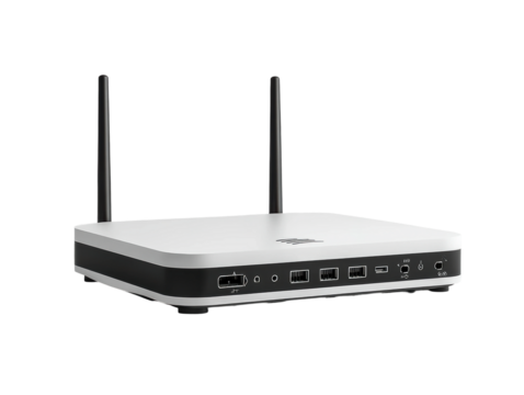 Modern wireless Wi-Fi router with sleek silver design, dual antennas, glowing indicator lights, fast internet connection, and advanced technology for home networking isolated on transparent background