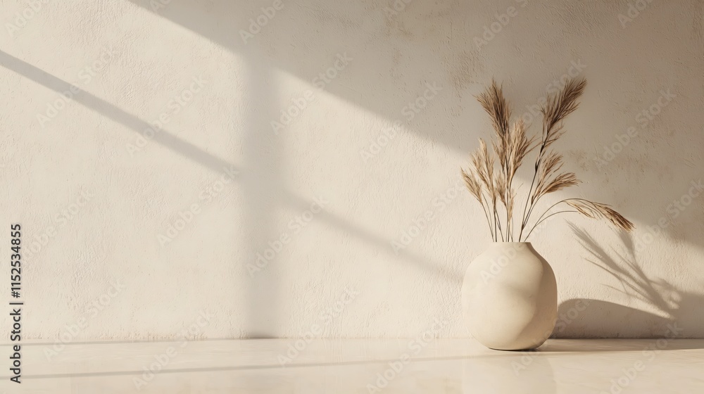Aufkleber minimalist vase with dried grass against soft illuminated wall and floor background