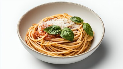 Fototapeta premium Delicious spaghetti topped with vibrant basil and cheese