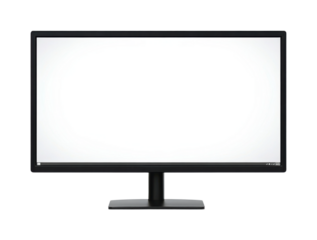 Flat display monitor with blank white screen, minimalist modern computer screen concept for technology and office workspaces isolated on transparent background