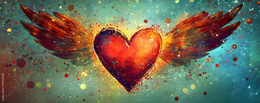Poster colorful heart with wings surrounded by sparkles in a dreamy abstract background