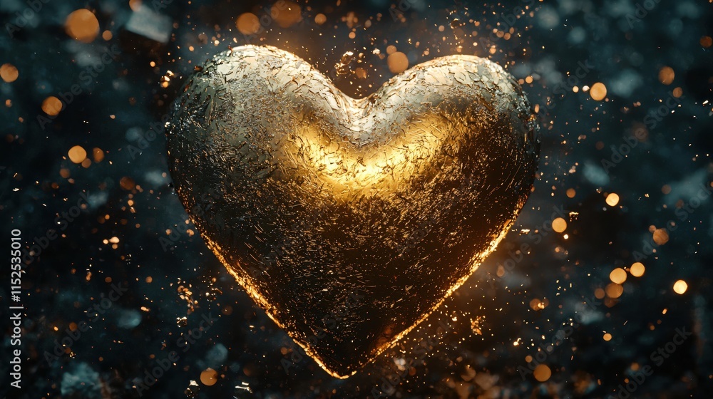 Poster Glittering Golden Heart Floating with Sparkling Particles in a Dark Background