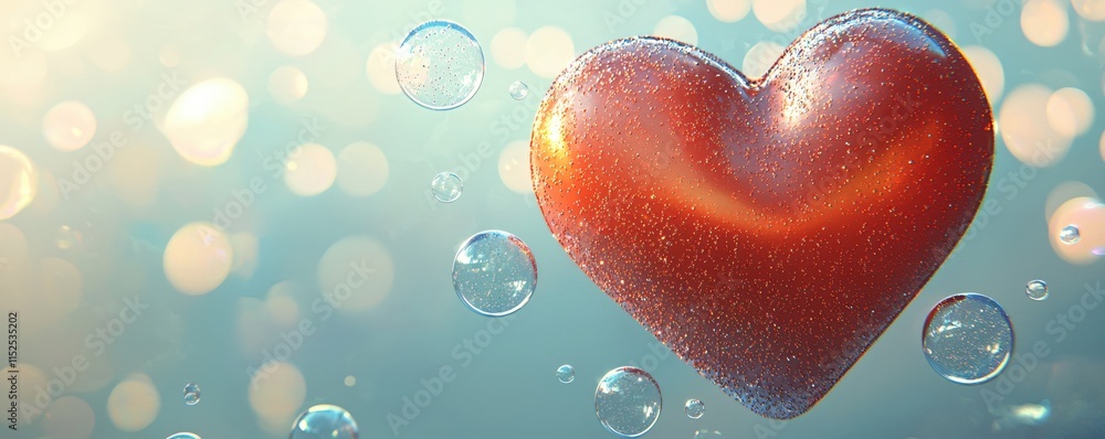 Poster Shiny Red Heart Floating in Air with Bubble Background and Soft Light Effect