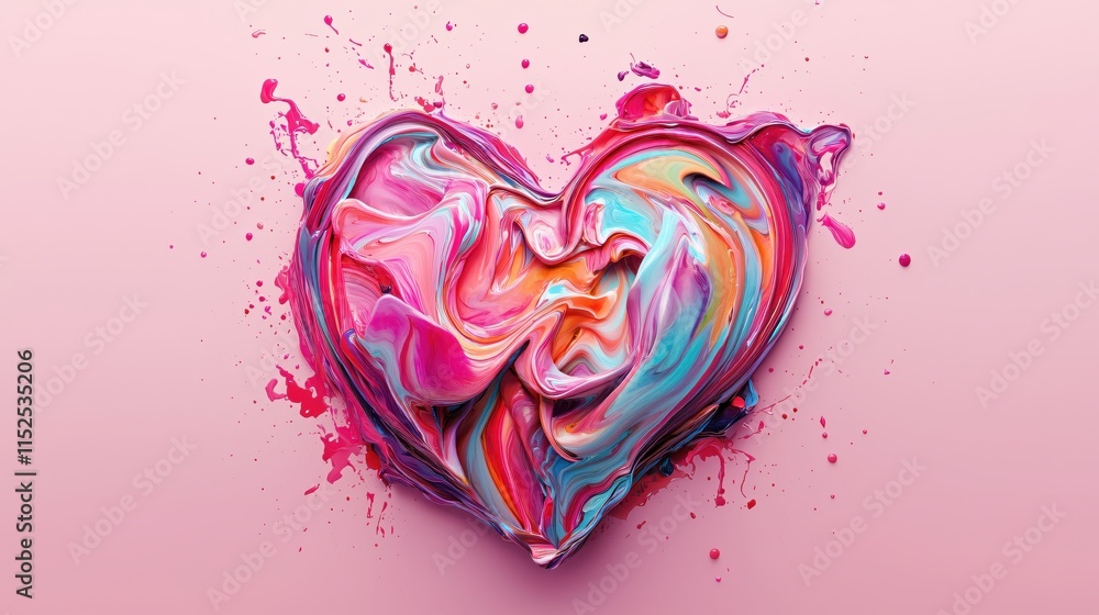 Poster colorful heart shape made from swirls of paint on soft pink background