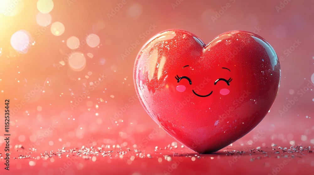 Poster happy heart character with sparkles on a red background for joyful celebrations