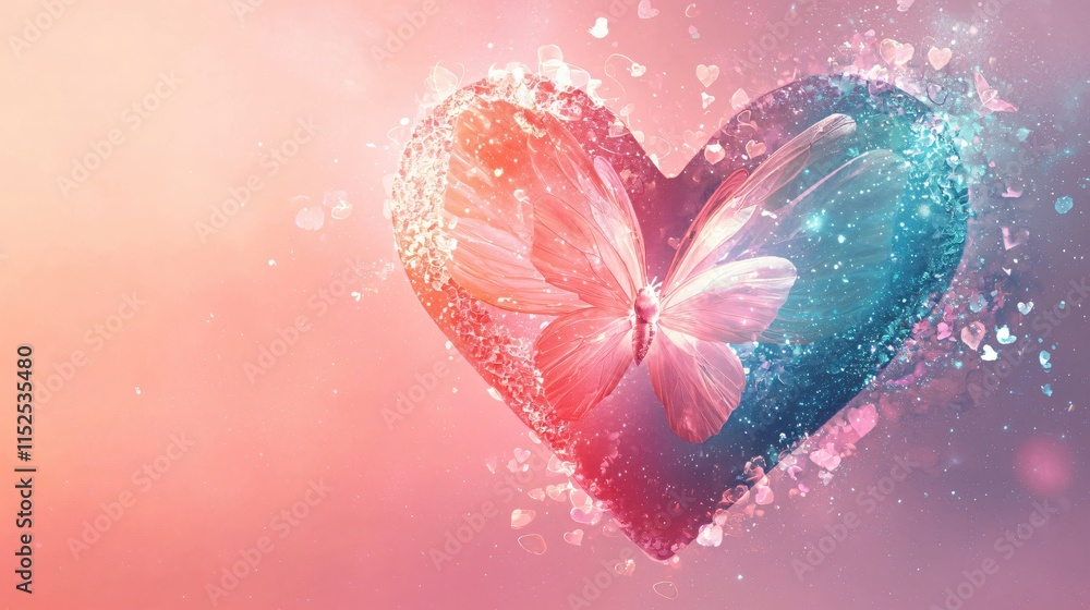 Poster colorful heart with butterfly and sparkles on abstract background