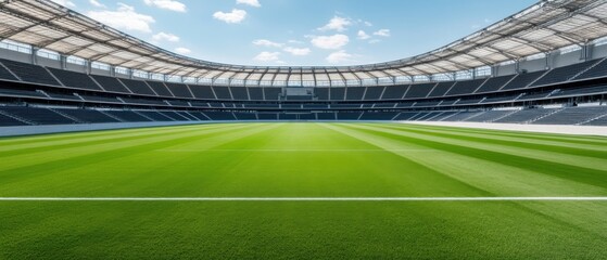 Vast Open Sports Stadium with Lush Green Grass Under Bright Blue Sky and Fluffy White Clouds