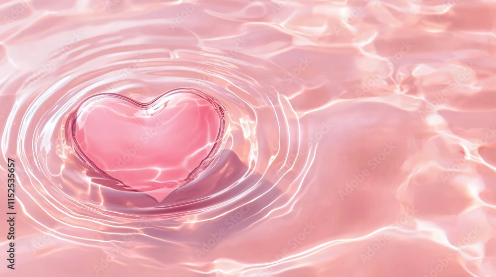 Poster pink heart shape floating on water surface with gentle ripples and reflections