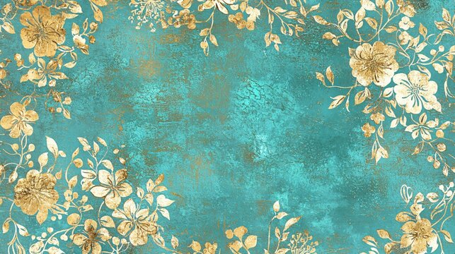 Elegant Floral Pattern with Golden Accents on a Turquoise Background
