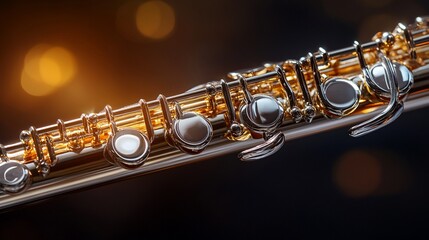 Close-up of a golden flute, showcasing its keys and mechanism against a bokeh background.