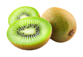 Whole and sliced kiwi fruits with bright green flesh, juicy and tropical healthy snack concept for diet, vitamins, and natural food themes isolated on transparent background