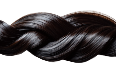 Close-up of braided black shiny hair with smooth texture, detailed strands, and natural beauty, ideal for haircare, styling, and salon themes isolated on transparent background