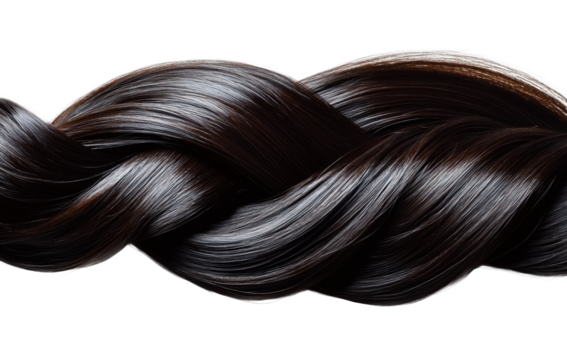 Close-up of braided black shiny hair with smooth texture, detailed strands, and natural beauty, ideal for haircare, styling, and salon themes isolated on transparent background