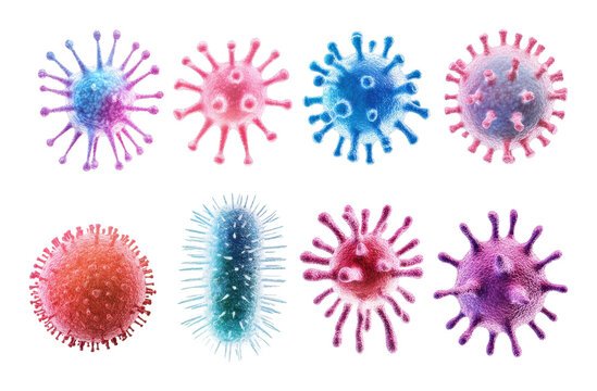 Collection of colorful virus and bacteria illustrations in various shapes, microbiology and healthcare visuals for scientific and educational use isolated on transparent background