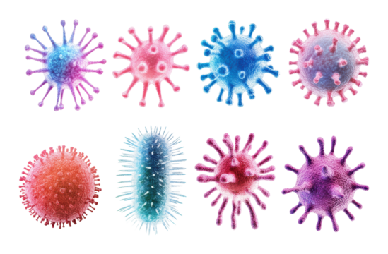 Collection of colorful virus and bacteria illustrations in various shapes, microbiology and healthcare visuals for scientific and educational use isolated on transparent background