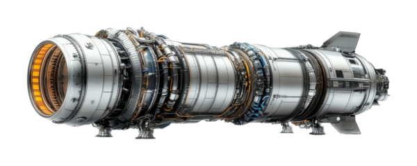 Engine design featuring sharp lines and centered structure showcasing advanced aerospace technology. Isolated on transparent background, png.