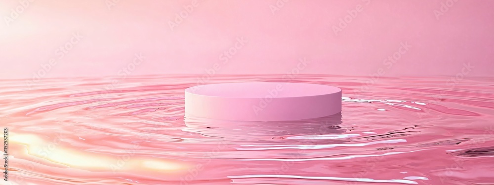 Poster serene pink background with floating cylinder in calm water surface reflection